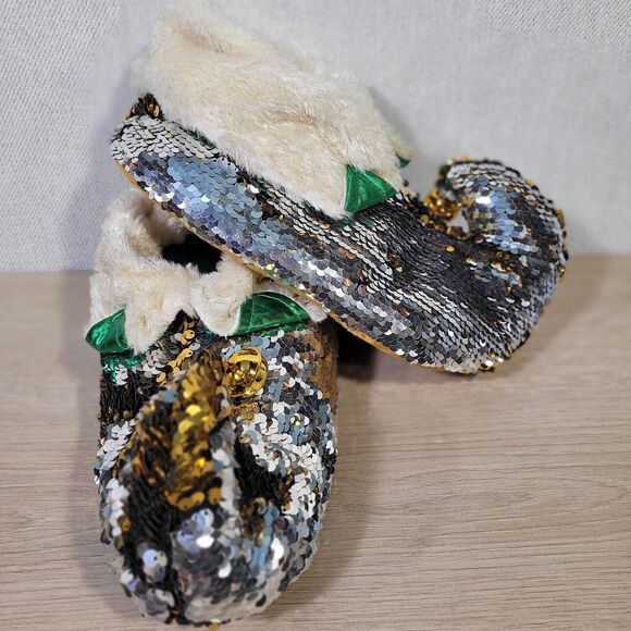 Dan Dee ELF Slippers Fuzzy Gold Silver 2018 Christmas Sequin Men Women L/XL 9-11 - Picture 1 of 14